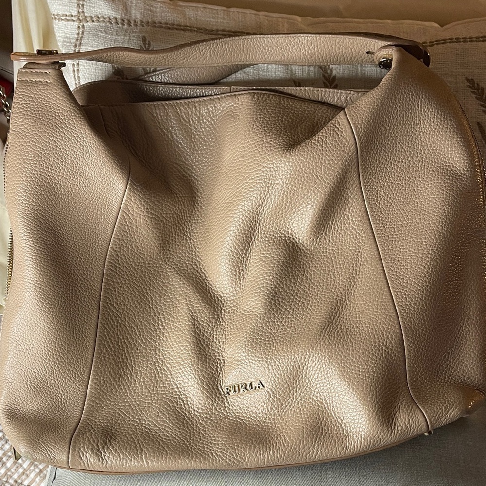 Furla Beige Large Leather Hobo Bag Italian Luxury Furla